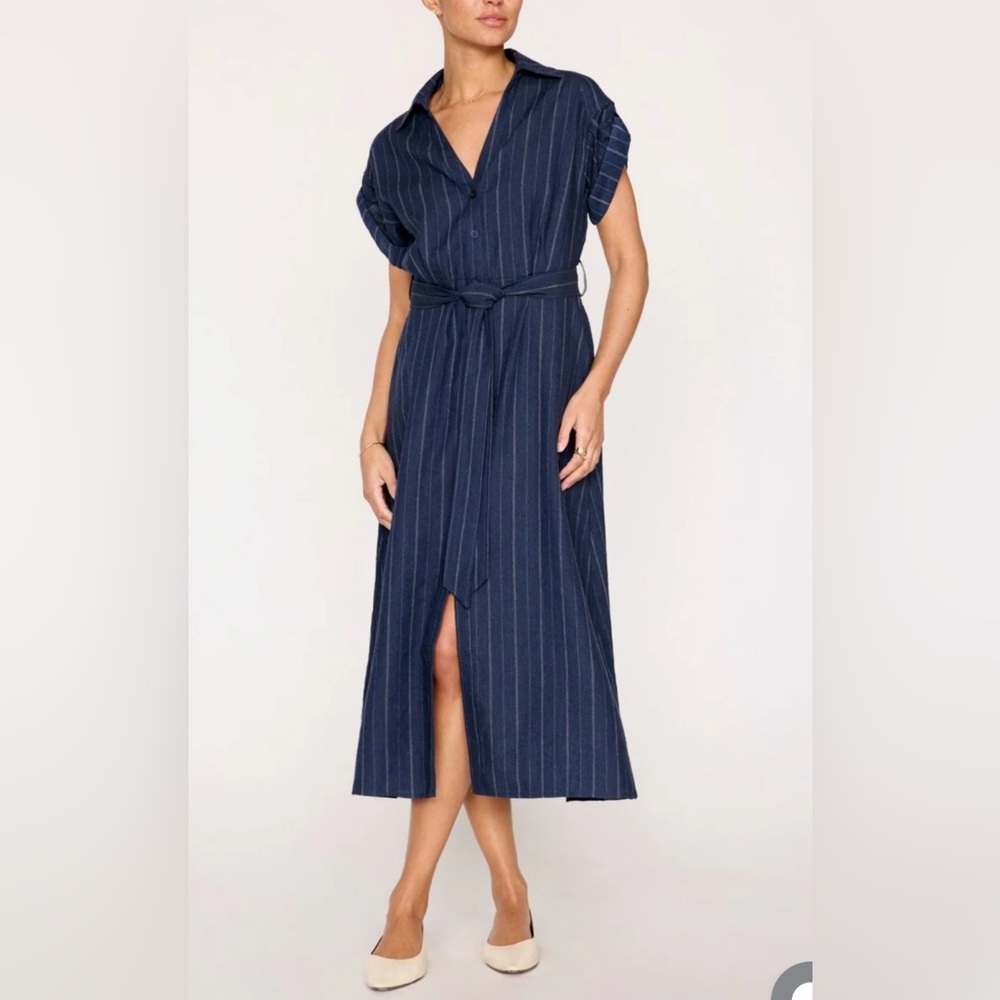 Brochu Walker Navy Pinstripe Dress with belt and cuff sleeve